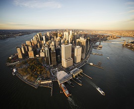 Aerial view of Lower Manhattan with the East River and the Hudson River